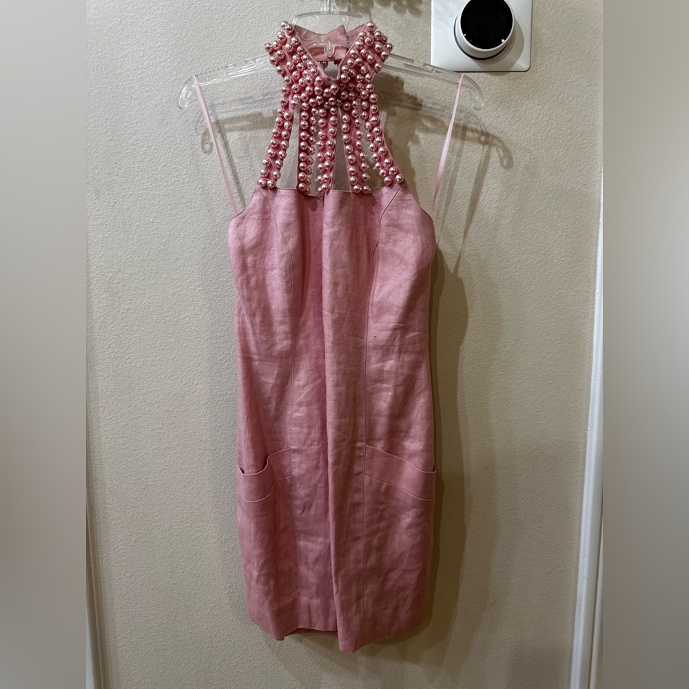 Andrea Jovine Light Pink Pocketed Halter Pearled Neck 100% Linen Dress Size 4